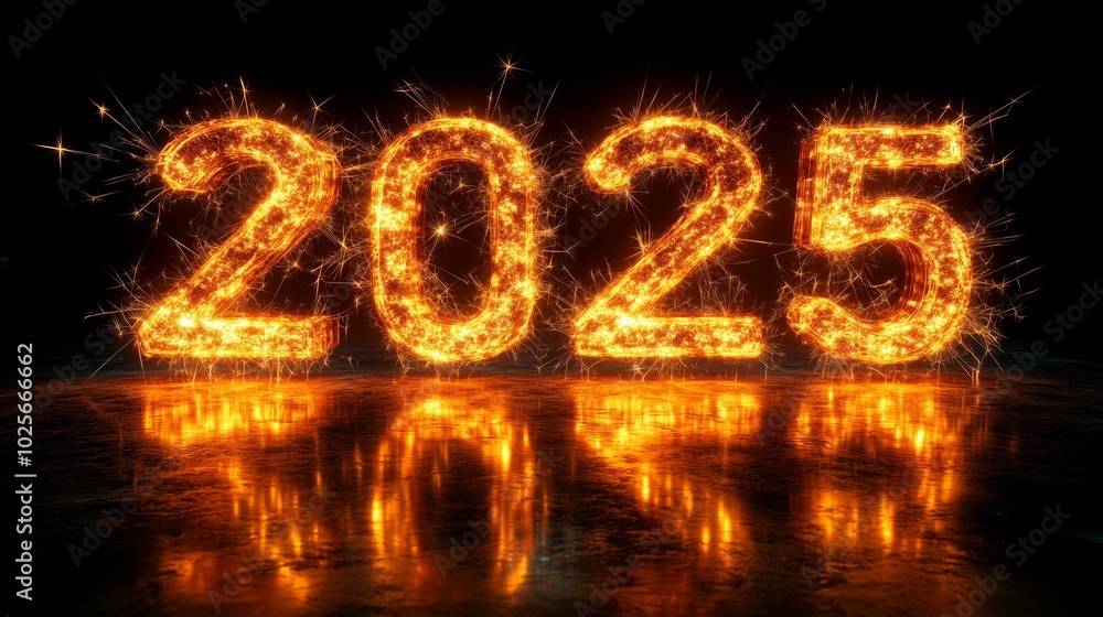 Happy New Year 2025. Burning glowing sparkling text 2025. Beautiful Glowing design element for greeting card and holiday flyer Happy New Year 2025. Burning glowing sparkling text 2025. Beautiful Glowing design element for greeting card and holiday flyer