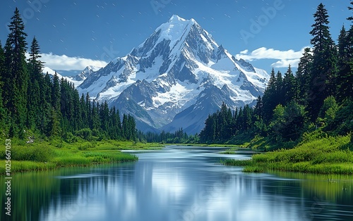 Majestic mountain peak reflected in tranquil lake surrounded by evergreen forest at dusk