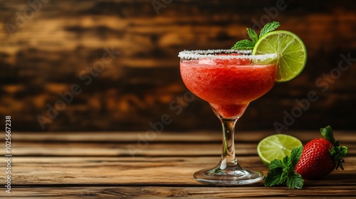 A frozen strawberry margarita served in a salt-rimmed glass, isolated on a warm wooden background with decorative lime slices and mint