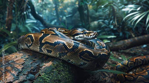 A Burmese Python Resting on a Moss-Covered Log in a Lush Tropical Rainforest