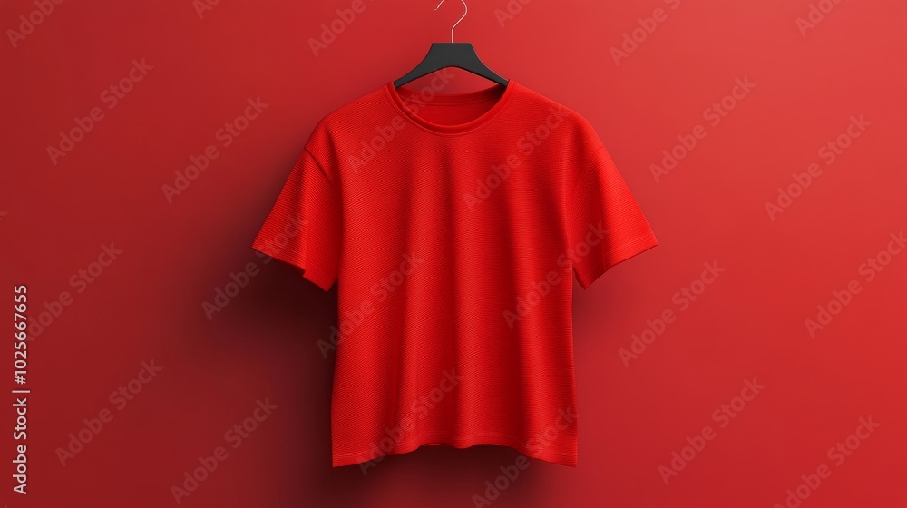 Casual red T-shirt mockup hanging neatly, with front view on display, ready for template design and logo illustration. Casual red T-shirt mockup hanging neatly, with front view on display, ready for template design and logo illustration.