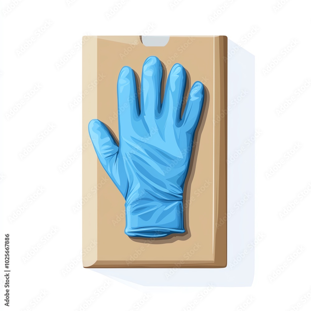Blue latex glove on a cardboard packaging, isolated on a white background. Blue latex glove on a cardboard packaging, isolated on a white background.