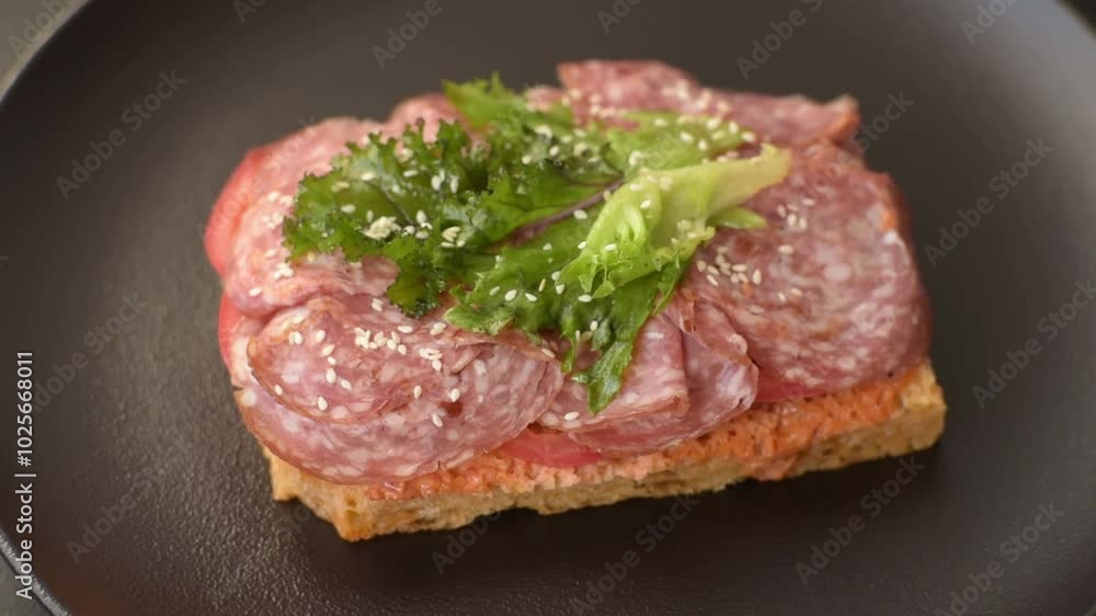 Focaccia with salami, cheese, tomatoes, arugula, salt, spices and herbs on a dark concrete background Focaccia with salami, cheese, tomatoes, arugula, salt, spices and herbs on a dark concrete background