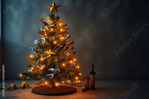 Unique christmas tree decorated with tools and lights for a creative holiday design.