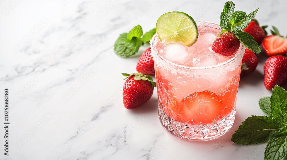 Refreshing strawberry margarita with a twist of lime, isolated on a white marble background with decorative mint sprigs and strawberries Refreshing strawberry margarita with a twist of lime, isolated on a white marble background with decorative mint sprigs and strawberries