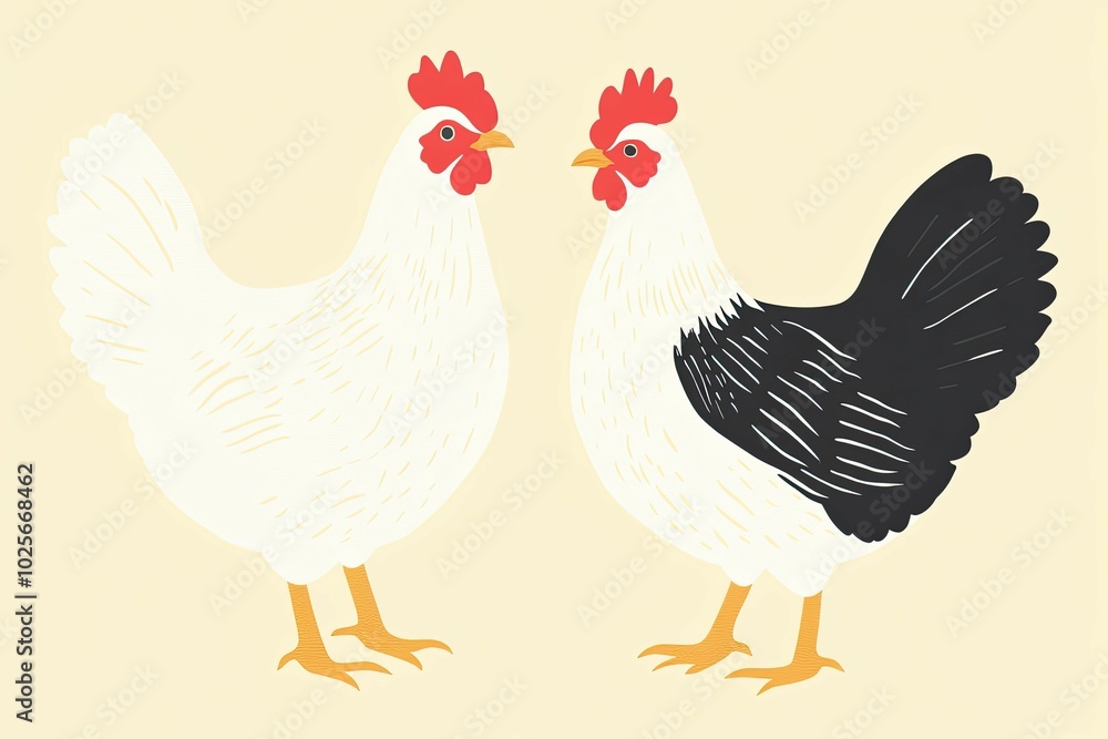 Fototapeta premium Two Roosters Facing Each Other, One White and One Black and White