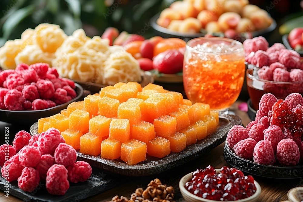Chinese new year food and drink still life. A vibrant and tempting spread of fresh fruits, jellies, and refreshing drinks, perfect for a summer gathering or tropical escape. Chinese new year food and drink still life. A vibrant and tempting spread of fresh fruits, jellies, and refreshing drinks, perfect for a summer gathering or tropical escape.