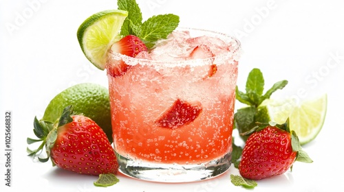 Strawberry margarita with crushed ice and a strawberry garnish, isolated on a white background with decorative mint leaves and lime wedges