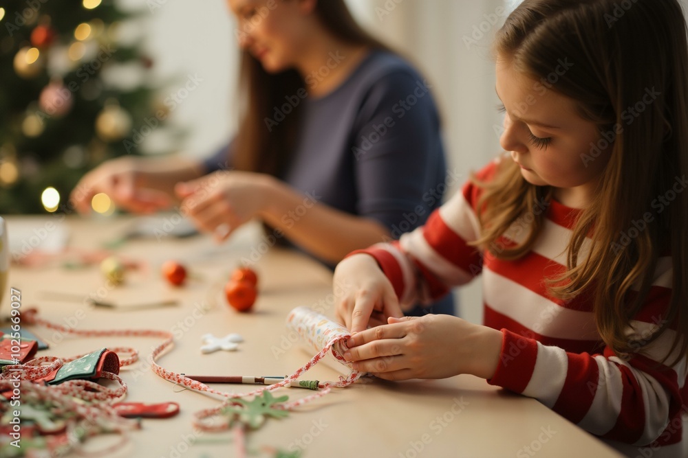 Fototapeta premium Holiday crafting scene with mother and child creating decorations by christmas tree.