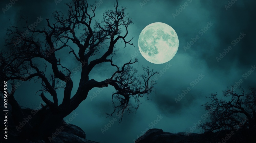 An empty scene featuring dark silhouettes of spooky trees swaying in the wind under a bright full moon, creating an ideal product mockup space, An empty scene featuring dark silhouettes of spooky trees swaying in the wind under a bright full moon, creating an ideal product mockup space,