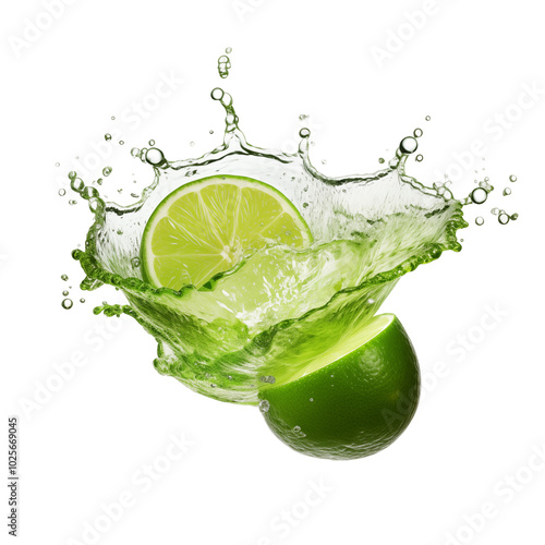 Lime halves create a splash in clear water against a white background