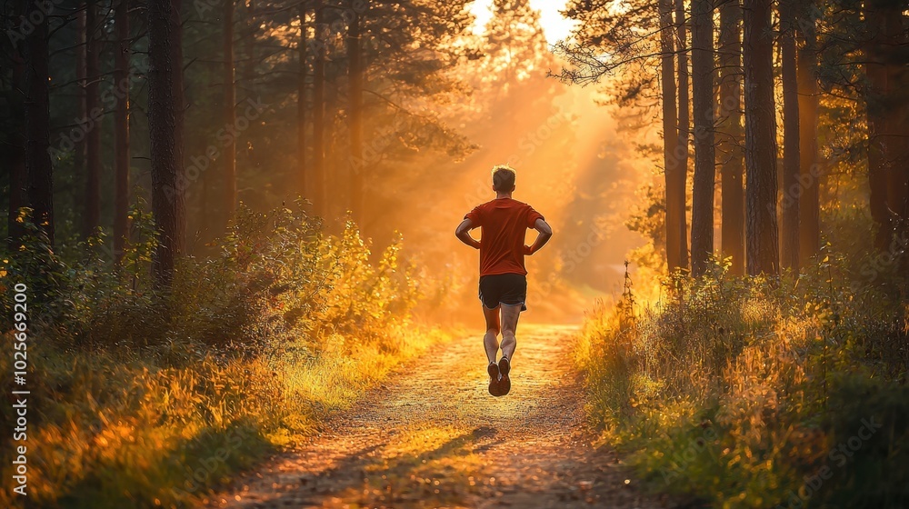 Runner on Trail at Sunrise in Forest Runner on Trail at Sunrise in Forest