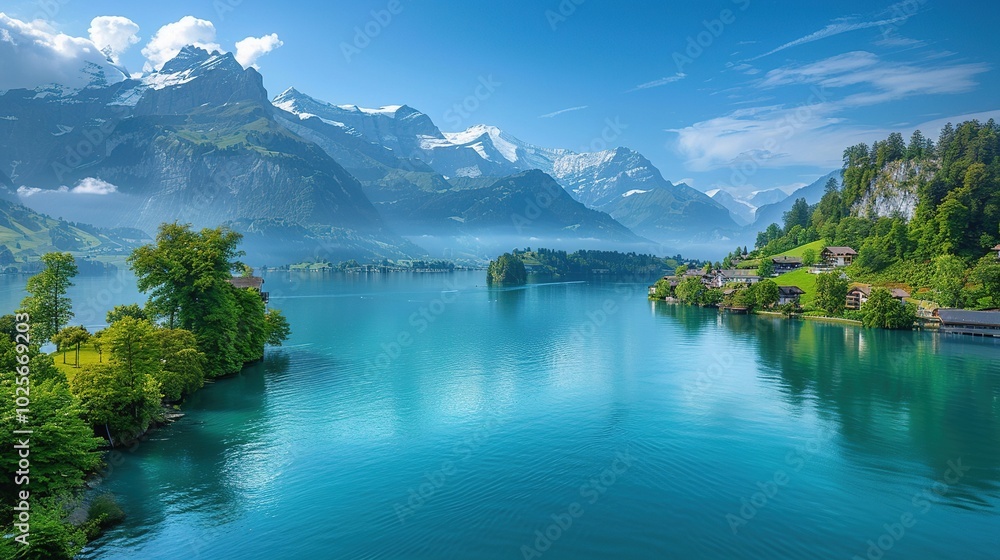 Naklejka premium Tranquil Nature Scene with Lush Green Trees and Calm Water Reflection in Bright Sunlight - Perfect for Outdoor and Scenic Photography Lovers