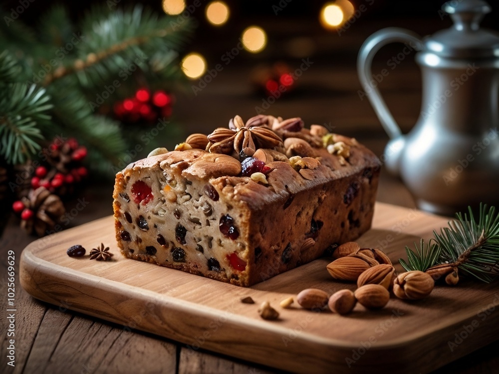 Traditional raisins cake for Christmas treats with nuts, spices and dried fruits on wooden cutting board Traditional raisins cake for Christmas treats with nuts, spices and dried fruits on wooden cutting board