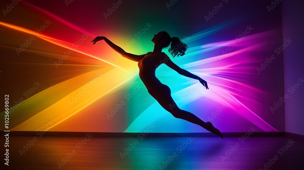 40. A holographic silhouette of a dancer, illuminated with vibrant colors 40. A holographic silhouette of a dancer, illuminated with vibrant colors