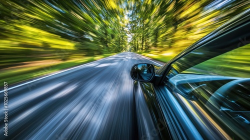 a car speeding down a road with a blurred background, highlighting movement and speed