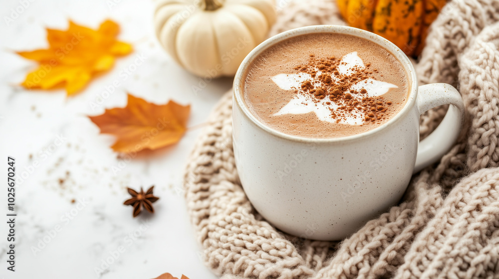 Cozy autumn view of a trendy pumpkin spice hot chocolate in a modern mug surrounded by seasonal decorations on a textured blanket Cozy autumn view of a trendy pumpkin spice hot chocolate in a modern mug surrounded by seasonal decorations on a textured blanket