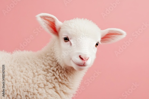 Close-up Portrait of a White Lamb Against a Pink Background