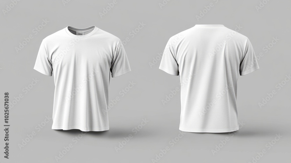 White T-shirt mockup worn by a male figure, showing front and back views for template design and illustration purposes. White T-shirt mockup worn by a male figure, showing front and back views for template design and illustration purposes.