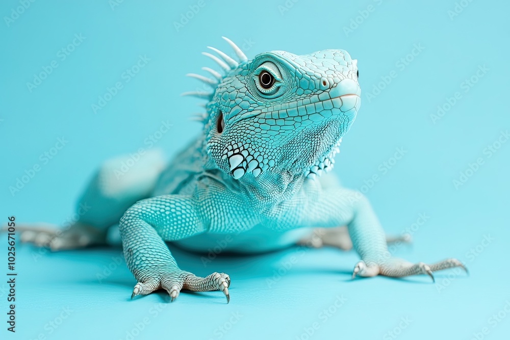 Εκτύπωση καμβά Close-up of a vibrant blue iguana with spiky crest and claws on a light blue bac