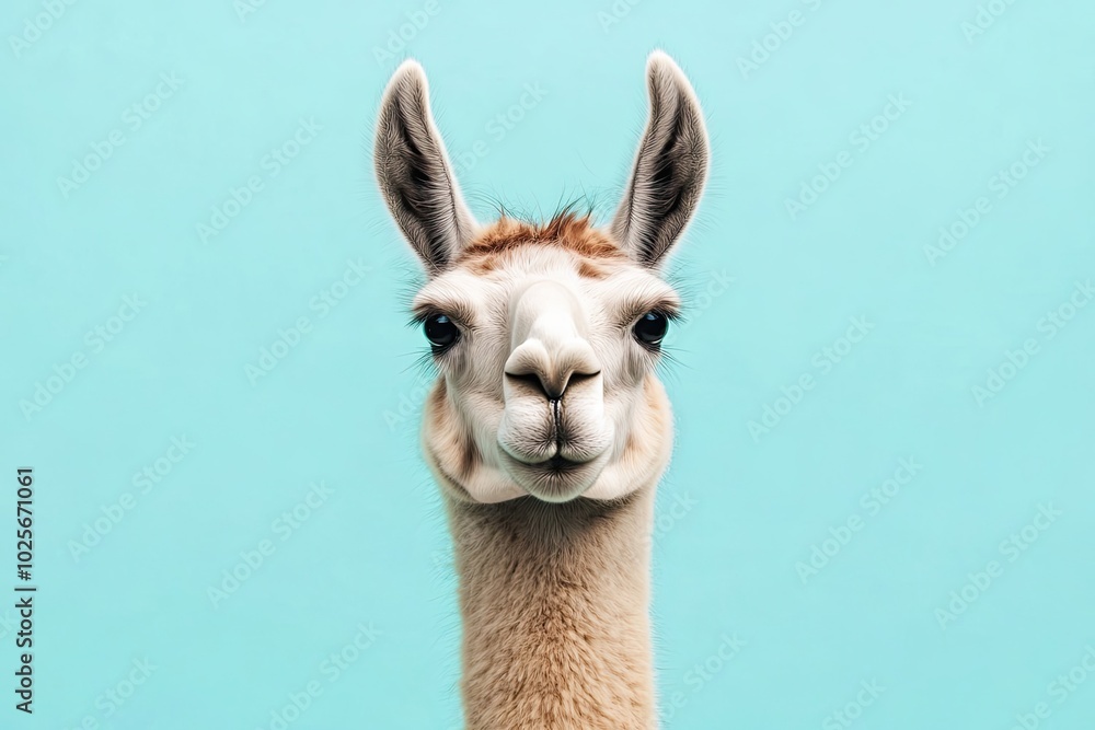 Obraz premium Close-up Portrait of a Llama with a Blue Background