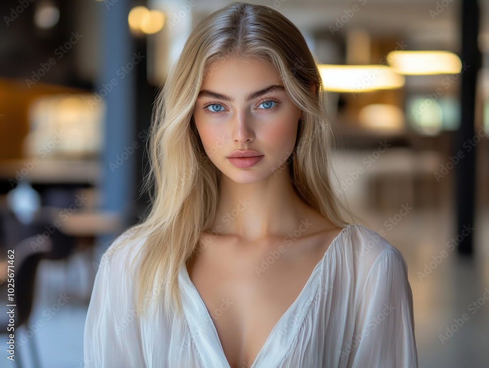 stunning portrait of young woman with long, flowing blonde hair and captivating blue eyes, exuding elegance and confidence in modern setting stunning portrait of young woman with long, flowing blonde hair and captivating blue eyes, exuding elegance and confidence in modern setting
