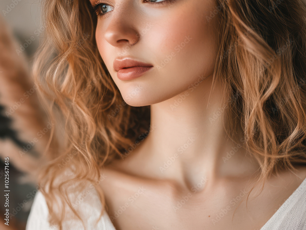close up portrait of young woman with wavy, light brown hair and soft expression, showcasing her natural beauty and delicate features. background features soft, neutral tones that enhance serene close up portrait of young woman with wavy, light brown hair and soft expression, showcasing her natural beauty and delicate features. background features soft, neutral tones that enhance serene