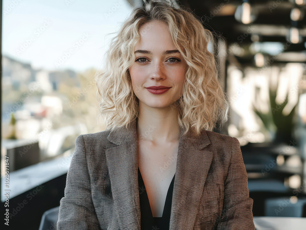 confident woman with curly hair wearing stylish blazer, posing in modern setting with natural light. Her expression conveys professionalism and poise