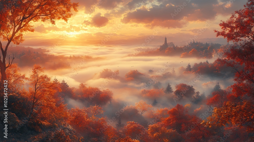 A misty valley with golden light streaming through the trees at sunrise. A misty valley with golden light streaming through the trees at sunrise.
