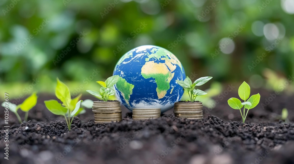 Growing Plants Around the Globe with Coins Representing Investment in a Sustainable Future Growing Plants Around the Globe with Coins Representing Investment in a Sustainable Future