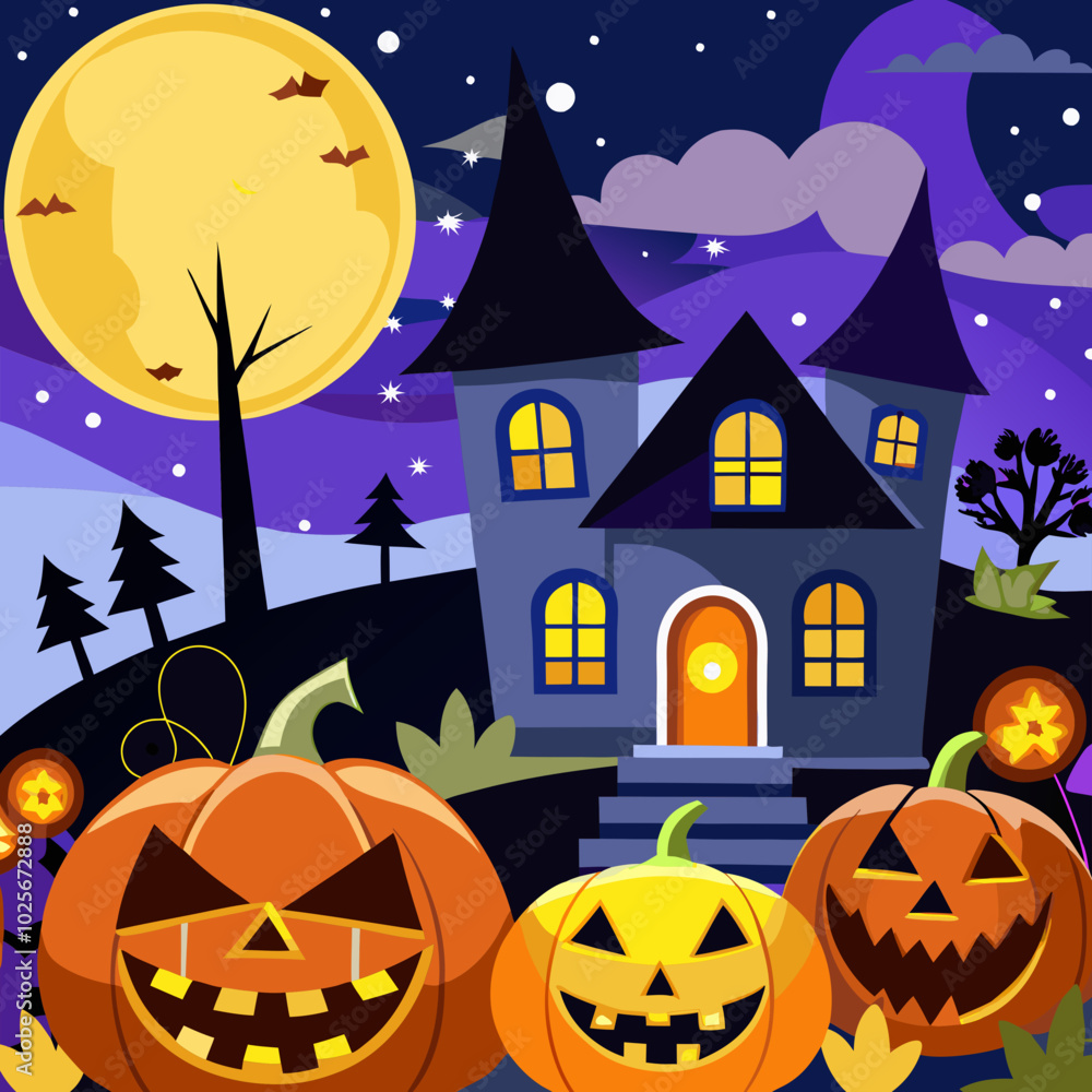 Fototapeta premium Halloween Haunted House - Silhouette of a spooky haunted house with bats flying overhead 