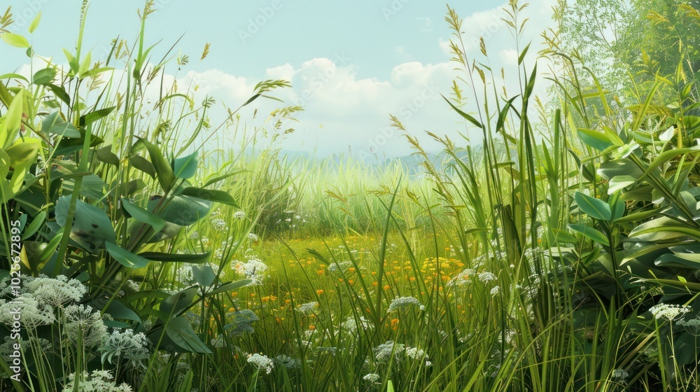 Obraz premium Lush Green Meadow with White and Yellow Flowers and a Blue Sky