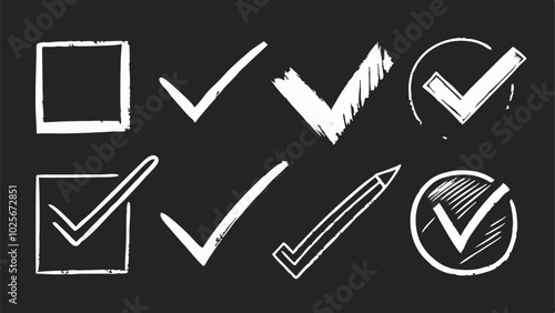 Doodle chalk check mark set. Black charcoal pencil check boxes, sketch checklist icons, tick cross signs. Crayon grunge checkmark elements. Hand drawn checkbox vote marks, correct or incorrect symbols