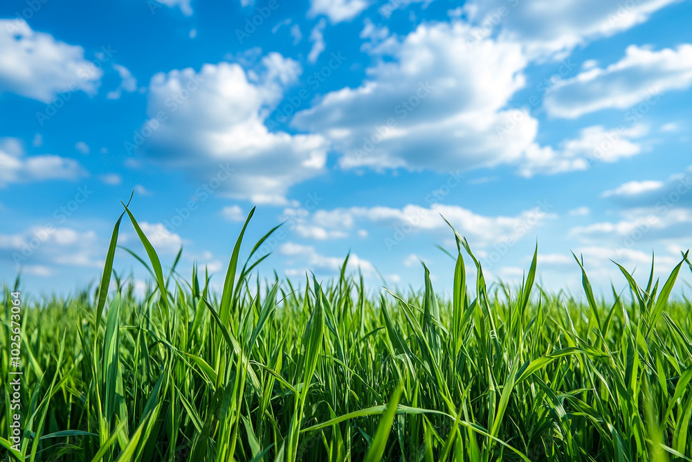 Fresh Green Grass and Blue Sky Horizon: Tranquil Outdoor Nature Scene Fresh Green Grass and Blue Sky Horizon: Tranquil Outdoor Nature Scene