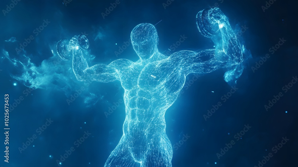 38. A holographic human figure lifting weights, with energy trails indicating effort 38. A holographic human figure lifting weights, with energy trails indicating effort