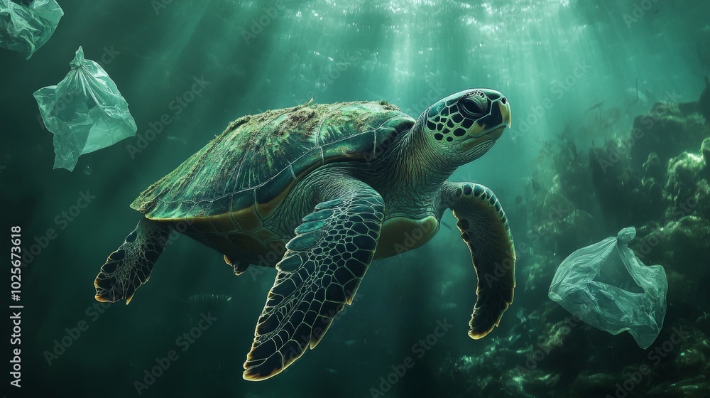 Obraz premium Sea Turtle Swimming Through Plastic Waste in the Ocean