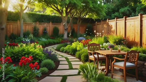 flower garden behind the house in the morning.Seamless 4k time lapse virtual video animation