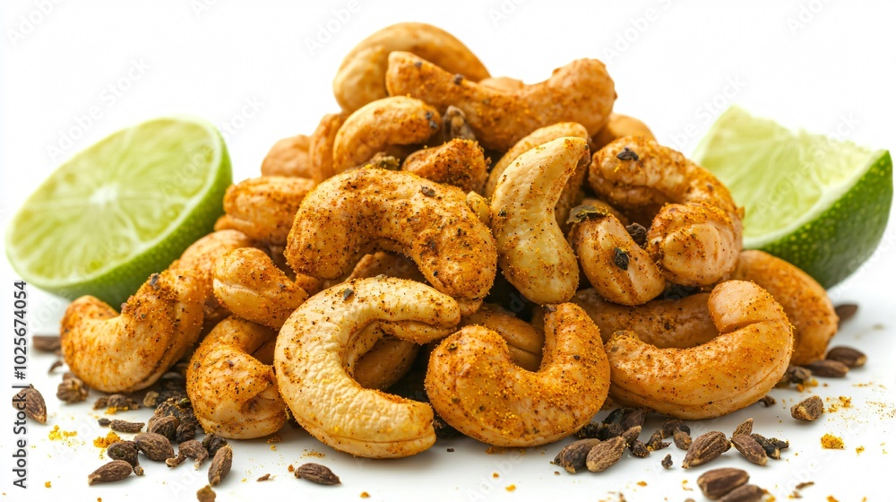 Roasted cashews with turmeric seasoning, isolated on a white background with decorative cumin seeds and lime wedges Roasted cashews with turmeric seasoning, isolated on a white background with decorative cumin seeds and lime wedges