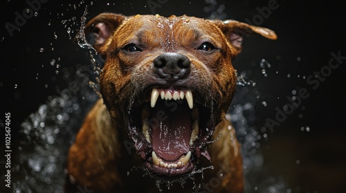 A dog with its mouth open and teeth bared, with water splashing around it