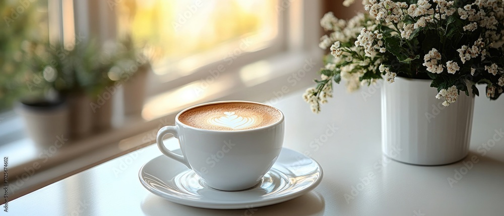A closed laptop and a simple cup of coffee on a white, clean desk. A closed laptop and a simple cup of coffee on a white, clean desk.