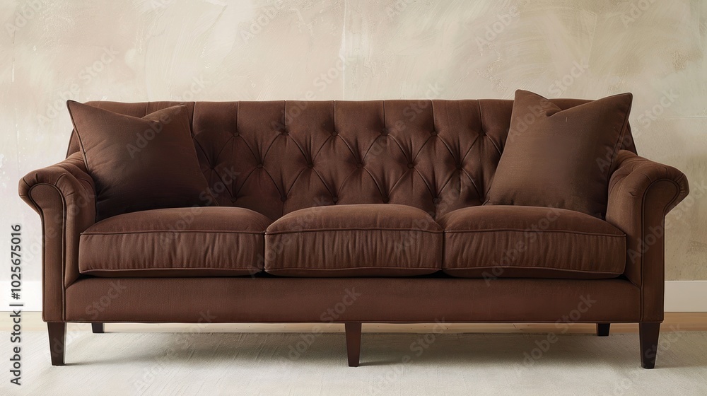 Brown tufted sofa with two pillows against a textured wall Brown tufted sofa with two pillows against a textured wall