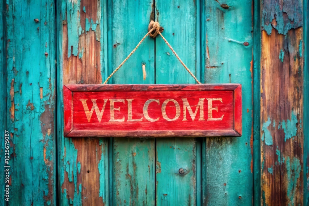 Rustic Welcome Sign on Teal Blue Door - Captivating Conceptual Photography Rustic Welcome Sign on Teal Blue Door - Captivating Conceptual Photography