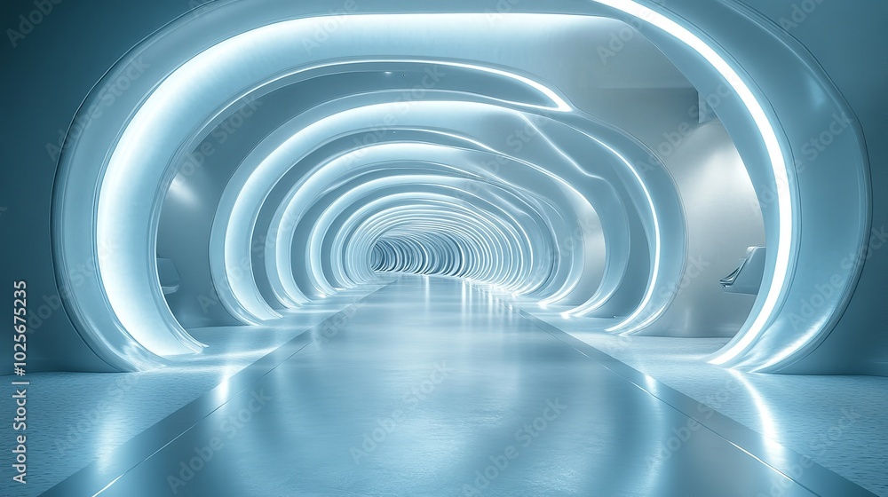 Abstract futuristic blue tunnel with a glowing light at the end, creating a surreal space. Abstract futuristic blue tunnel with a glowing light at the end, creating a surreal space.