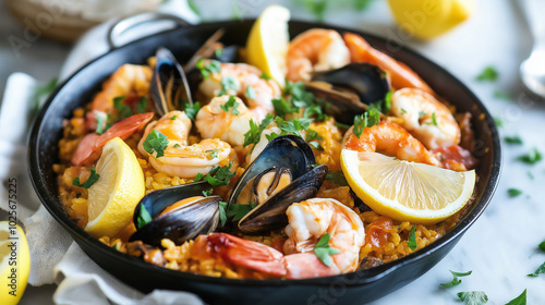 Seafood paella presented in a cast-iron skillet with a crispy top, served with lemon wedges and fresh herbs