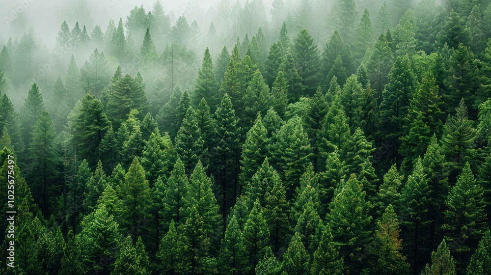 Fototapeta premium A Dense Evergreen Forest Enveloped in Mist