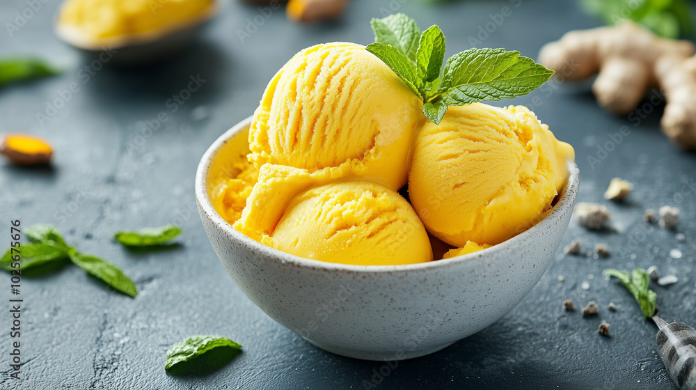 Delicious, bright yellow ice cream in a bowl, garnished with fresh mint leaves. The visual composition combines freshness and vibrant color, making the dessert very appetizing Delicious, bright yellow ice cream in a bowl, garnished with fresh mint leaves. The visual composition combines freshness and vibrant color, making the dessert very appetizing
