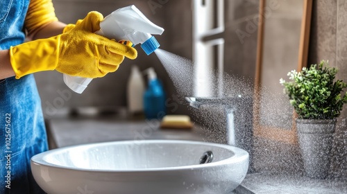 Cleaning in Action: Spray Bottle and Sink Scene photo