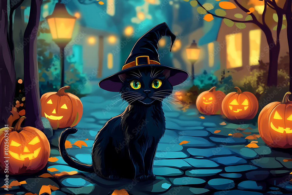 A whimsical black cat in a witch's hat surrounded by glowing pumpkins on a festive street. A whimsical black cat in a witch's hat surrounded by glowing pumpkins on a festive street.
