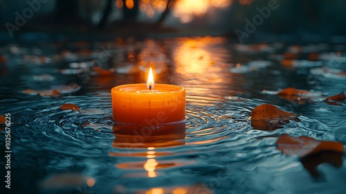 A single candle burns brightly in a still pond with autumn leaves floating around it, creating a peaceful scene as the sun sets in the background.