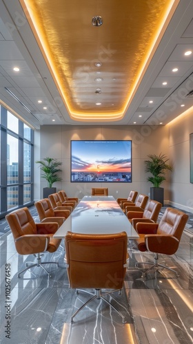 A modern conference room with a long table, comfortable chairs, and a large screen displaying a presentation, ready for a meeting. 